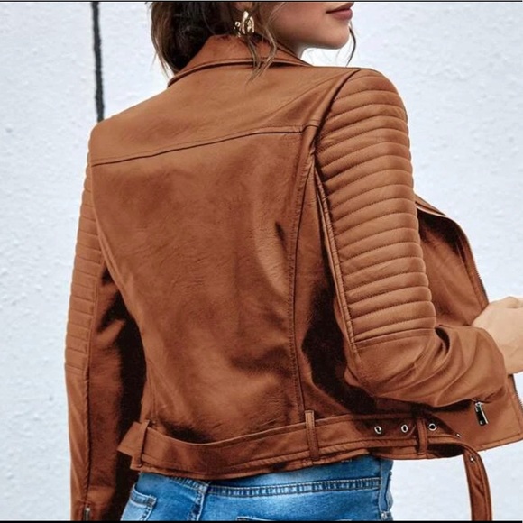 Camel vegan leather zipper biker moto motorcycle jacket - Picture 5 of 5